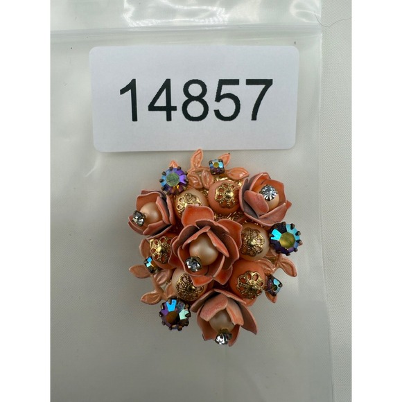 Vintage Rhinestone Brooch Floral Salmon Pink AB - Picture 6 of 6